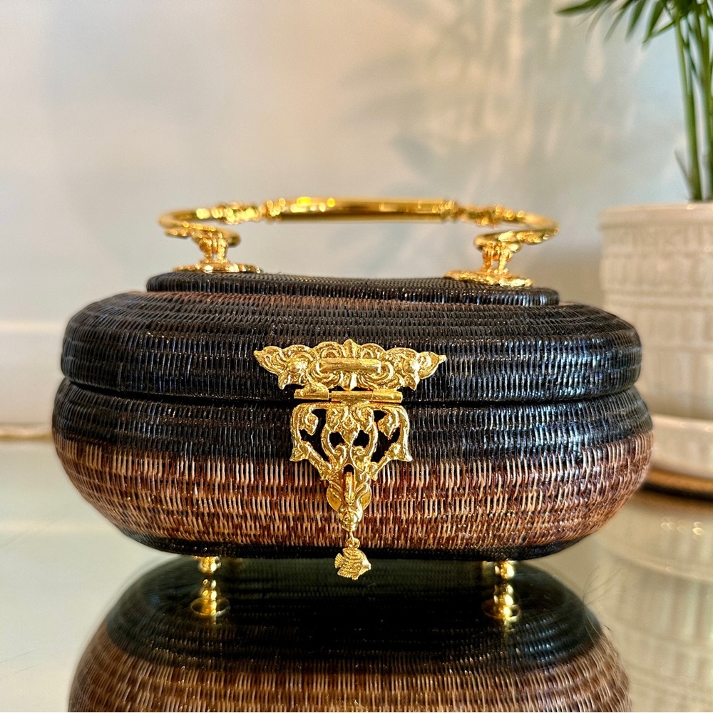 Vintage Black and Brown Handcrafted Woven Purse / Clutch with Golden Accents